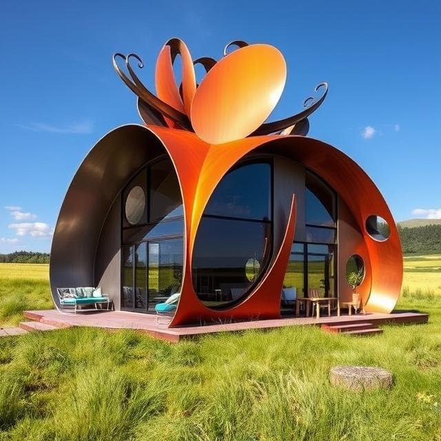 A sculptural ADU defined by flowing steel curves and seamless indoor-outdoor living.
