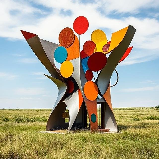 Modern ADU with organic sculptural forms and colorful circular elements, featuring sweeping metal shapes and vertical composition, designed as a contemporary inhabitable structure with dynamic movement.
