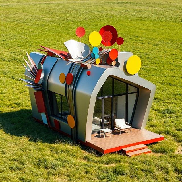 Modern ADU with curved structure and playful geometric elements on the roof, designed as a contemporary accessory dwelling unit with sculptural architectural features.