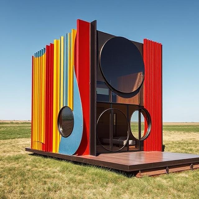 Compact sculptural ADU with colorful vertical panels and circular openings, designed as a modern accessory dwelling unit with strong geometric character.