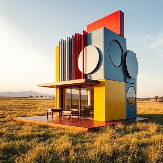 Modern ADU with geometric volumes and vertical fins, designed as a contemporary accessory dwelling unit with bold color accents and clean architectural lines.