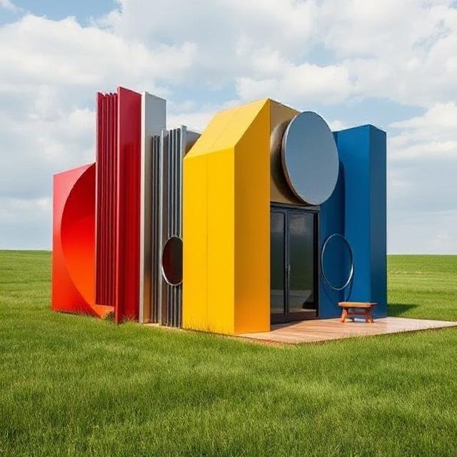 Modern ADU with curved organic forms and colorful geometric elements, designed as a contemporary accessory dwelling unit with soft architectural lines in a natural setting.