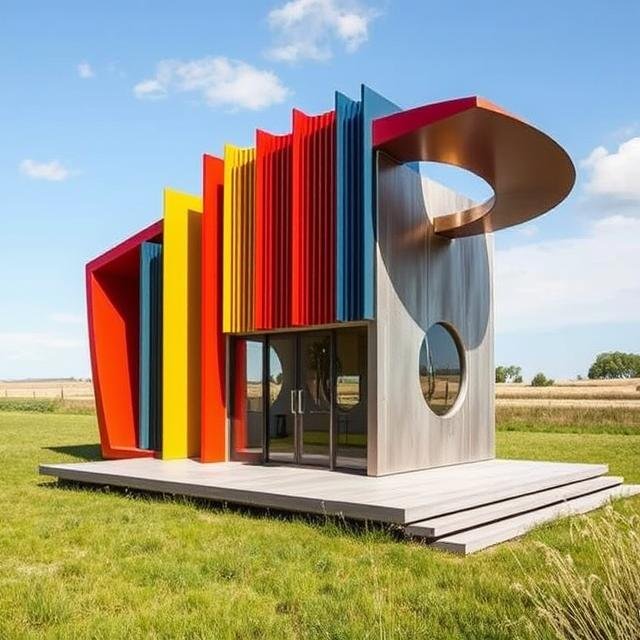 Modern ADU with vertical colorful panels and curved canopy, designed as a contemporary accessory dwelling unit with geometric form and glass entrance.
