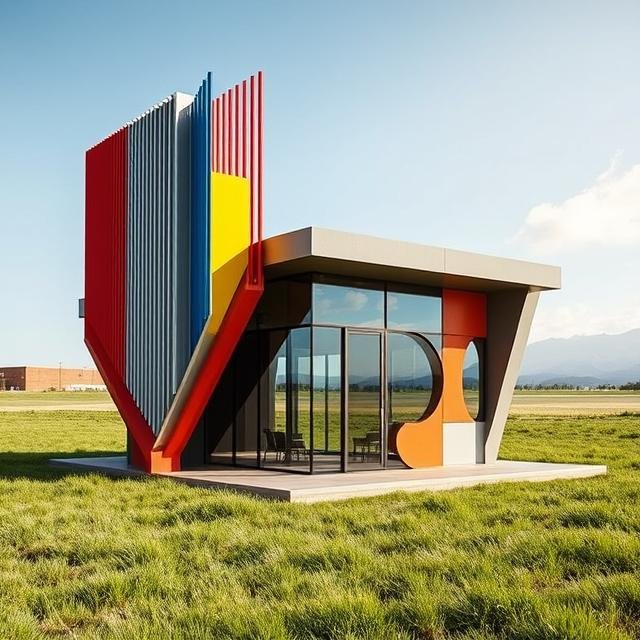 Modern ADU with angular roof and vertical fins, designed as a contemporary accessory dwelling unit with clean geometric architecture and glass facade.