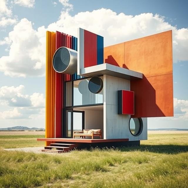 Modern ADU with geometric forms and cantilevered elements, designed as a contemporary accessory dwelling unit with colorful accents and glass facade.