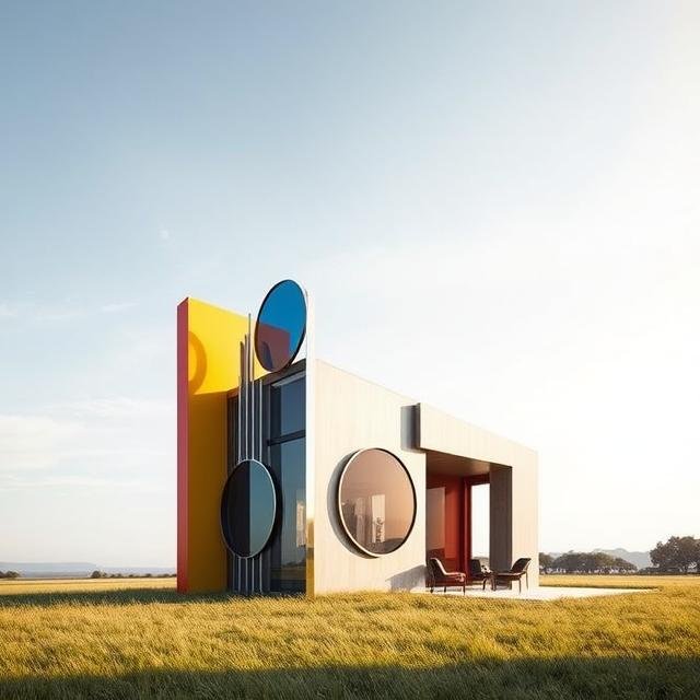 Modern ADU with minimal geometric forms and circular window elements, designed as a contemporary accessory dwelling unit with clean lines and open outdoor space.