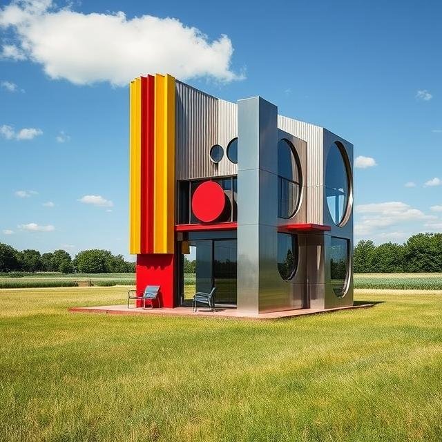 Modern ADU with vertical facade elements and colorful accents, designed as a contemporary accessory dwelling unit with geometric windows and clean architectural lines.