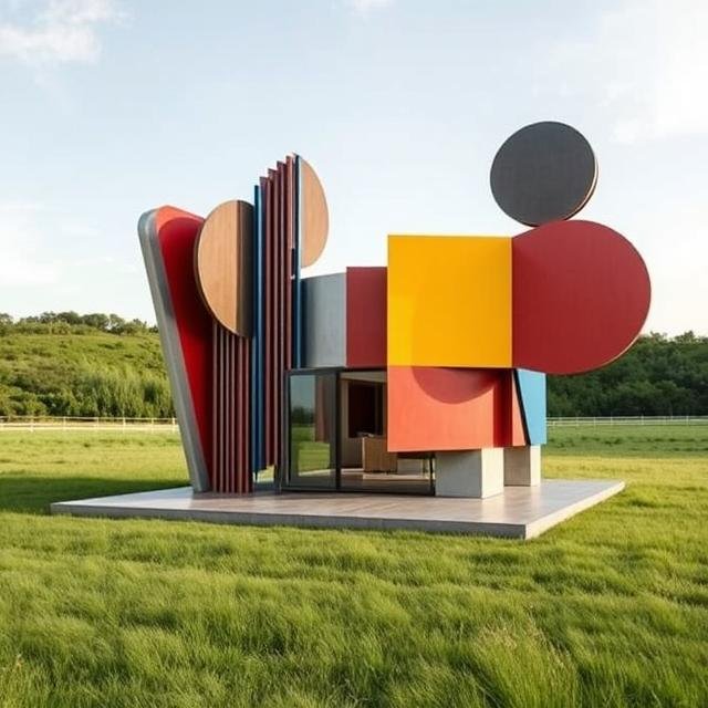 Modern ADU with curved organic forms and colorful geometric elements, designed as a contemporary accessory dwelling unit with soft architectural lines in a natural setting.