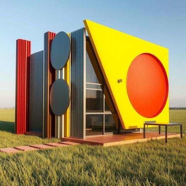 Modern ADU with angled geometric planes, vertical fins, and bold circular elements in red, yellow, and gray, designed as a contemporary sculptural dwelling with clean architectural lines.