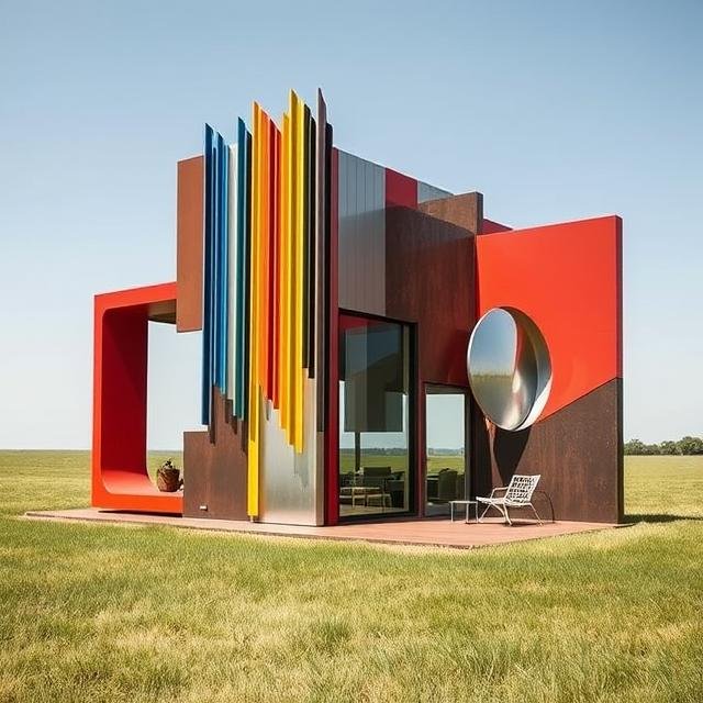 Modern ADU with vertical fins and geometric volumes, designed as a contemporary accessory dwelling unit with bold color accents and glass facade.