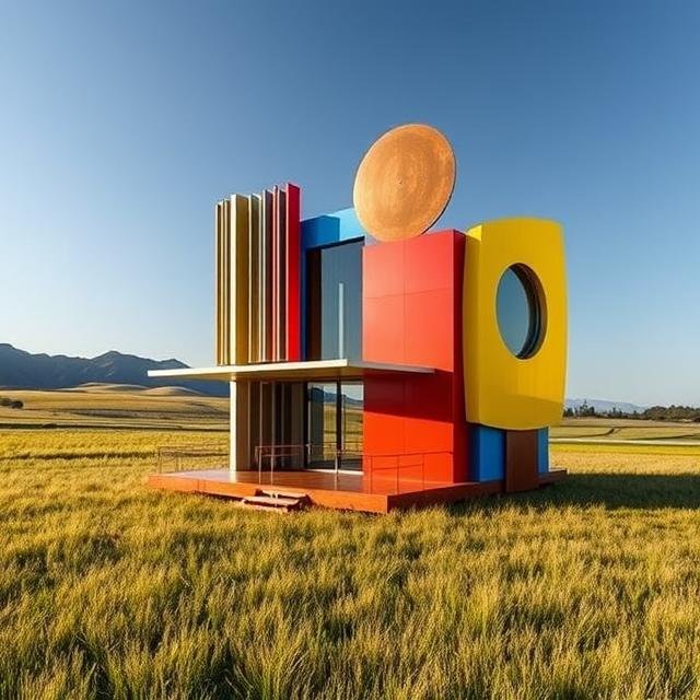 Modern ADU with bold color blocks and geometric forms, designed as a contemporary accessory dwelling unit with clean lines and strong visual presence.