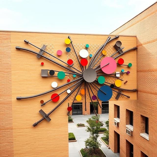 Architectural bridge-integrated sculpture titled “Integrated Radiance” featuring radiating steel structural forms and suspended multicolored geometric elements spanning between commercial building facades to create landmark public art and destination-scale placemaking by sculptor Michael Herold.