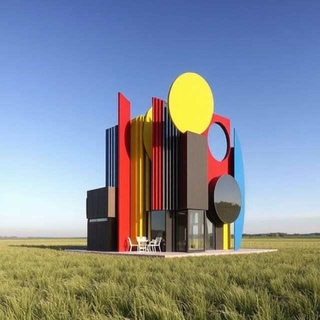Modern ADU with vertical colored panels and circular elements, designed as a contemporary accessory dwelling unit with bold architectural expression.