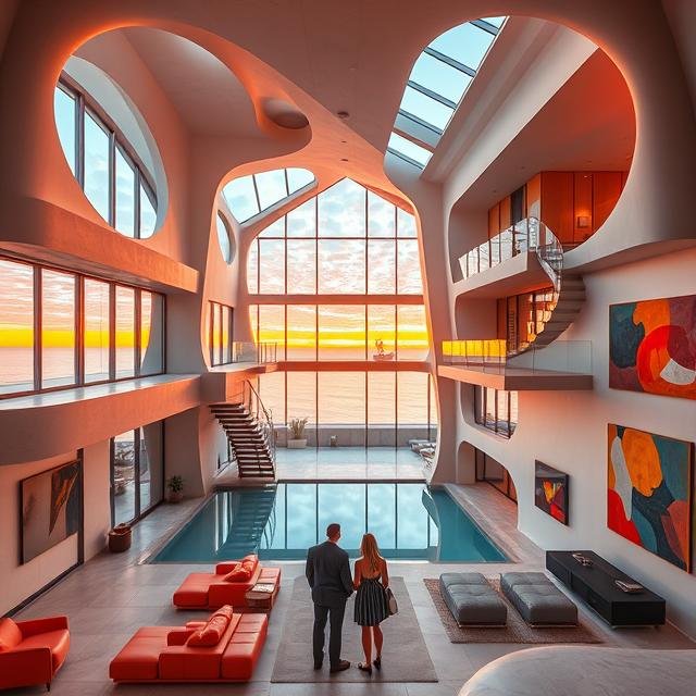 Contemporary oceanfront luxury home interior with dramatic sculptural architecture, grand open atrium, and custom modern private estate design.