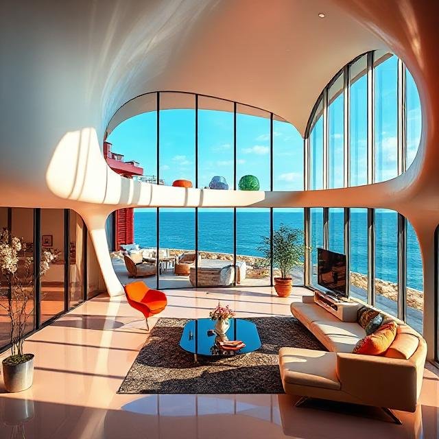 Ultra modern luxury residence interior with sculptural architecture, curved glass walls, oceanfront living room, contemporary coastal estate design, panoramic waterfront views, and high-end modern home interior by Michael Herold.