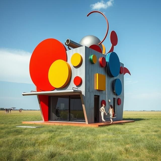 Modern ADU with large circular forms and colorful geometric elements, designed as a contemporary accessory dwelling unit with playful sculptural architecture.