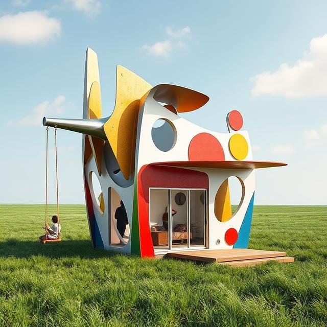 Modern ADU with curved playful forms and organic shapes, designed as a contemporary accessory dwelling unit with colorful geometric elements and open living space.