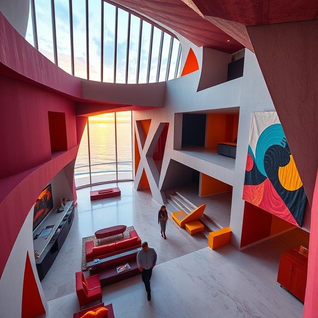 Sculptural luxury home interior featuring dramatic circular architectural forms, expansive oceanfront glass walls, and immersive modern living design within a custom landmark private estate by sculptor Michael Herold.