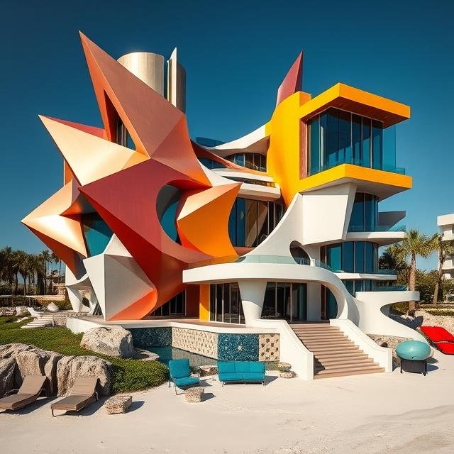 Contemporary luxury oceanfront mansion with sculptural modern architecture, custom beach residence design, geometric architectural forms, upscale coastal estate, and luxury waterfront living by Michael Herold.