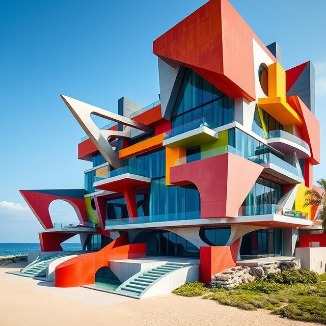 Luxury sculptural residence interior with angular architectural forms, floor-to-ceiling ocean views, integrated glazing, and custom high-end living space.