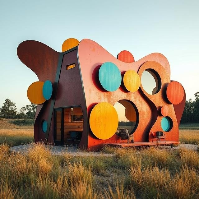 Modern ADU with organic rounded forms and colorful geometric elements, designed as a contemporary accessory dwelling unit with soft sculptural architecture in a natural landscape.