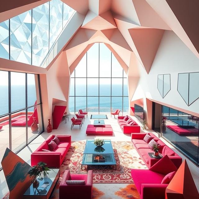 Luxury sculptural residence interior with angular architectural forms, floor-to-ceiling ocean views, integrated glazing, and custom high-end living space.