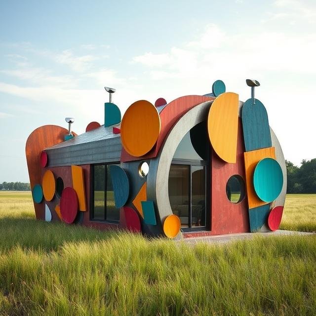 Modern ADU with curved organic forms and colorful geometric elements, designed as a contemporary accessory dwelling unit with soft architectural lines in a natural setting.
