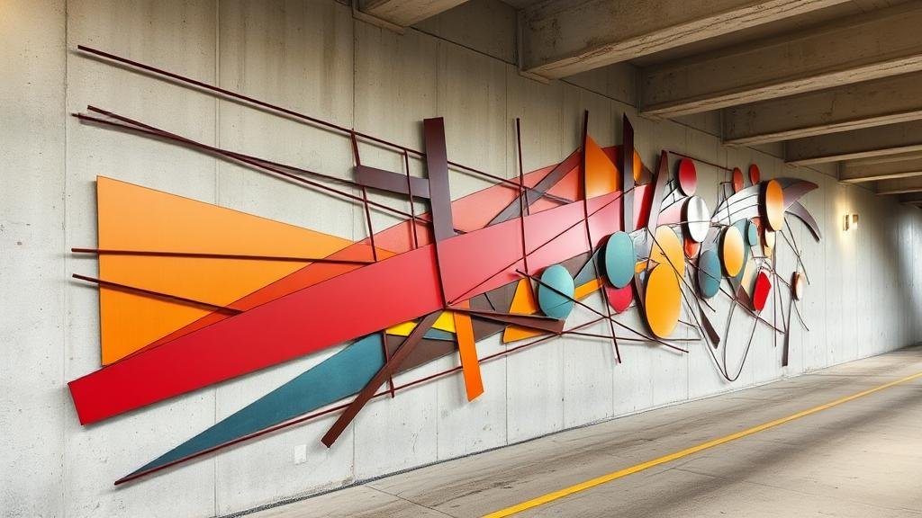Large-scale facade-integrated sculpture with dynamic geometric steel forms designed to transform parking infrastructure into a visually engaging landmark environment within mixed-use developments.