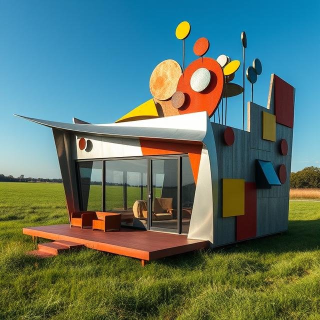 Modern sculptural ADU with angular rooflines and colorful art-inspired facade, designed as a contemporary accessory dwelling unit for creative residential spaces.
