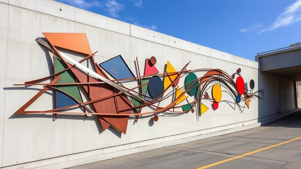 Contemporary architectural wall sculpture integrated into a concrete parking structure featuring dynamic linear steel composition and colorful geometric forms for urban activation and placemaking.
