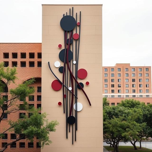 Building-integrated architectural sculpture with vertical steel elements and geometric forms designed to enhance commercial developments through landmark identity and contemporary placemaking.