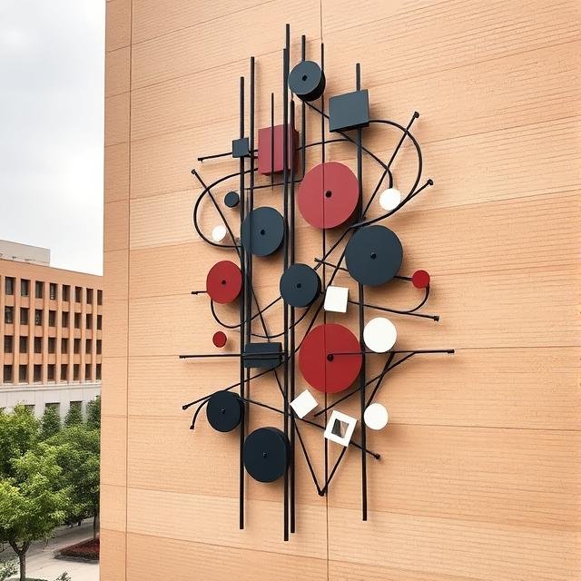 Architectural facade sculpture titled “Node Network” featuring interconnected geometric steel forms, linear structural elements, and suspended circular shapes integrated into a commercial building wall to create large-scale public art and contemporary placemaking by sculptor Michael Herold.