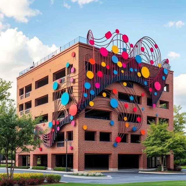 Facade-integrated public art sculpture with sweeping architectural forms and vibrant geometric elements designed to transform a commercial parking structure into a memorable mixed-use landmark environment.