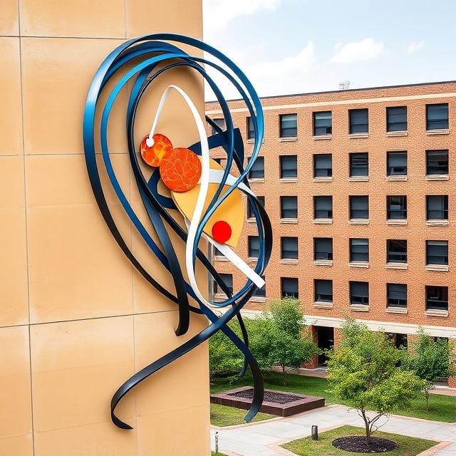 Building-integrated architectural sculpture with flowing orbital steel forms and geometric focal elements designed to create visual identity and upscale placemaking within commercial and mixed-use developments.