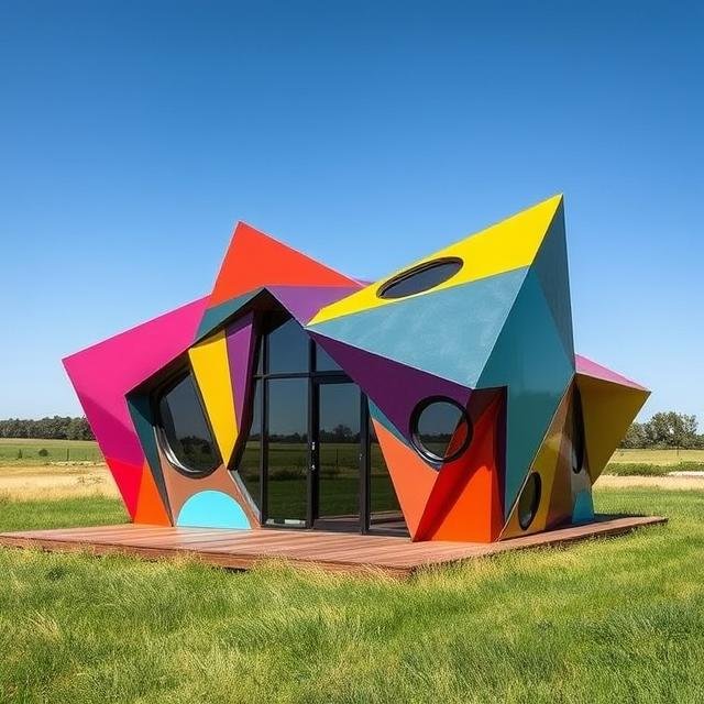Colorful geometric ADU with angular sculptural design and vibrant panels, creating a modern accessory dwelling unit with bold architectural expression.