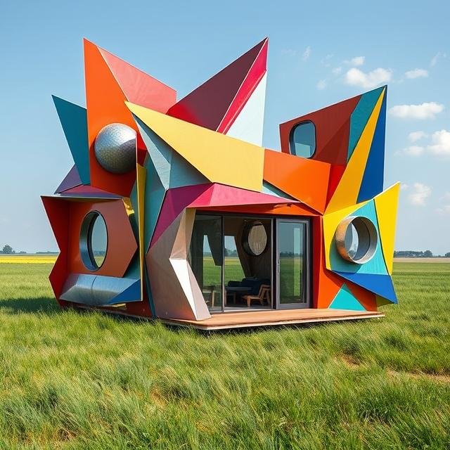 Bold angular ADU with fragmented geometric forms and colorful sculptural panels, designed as a modern accessory dwelling unit with dynamic architectural expression.