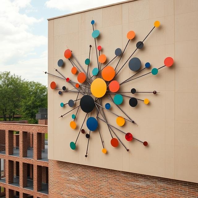 Building-integrated architectural sculpture with radiating geometric elements and dynamic spatial composition designed to establish landmark identity and visual activation within commercial and mixed-use developments.