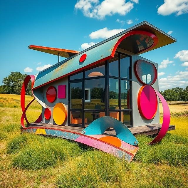 Modern sculptural ADU with curved roof and colorful geometric accents, designed as a contemporary accessory dwelling unit with glass walls in a natural setting.