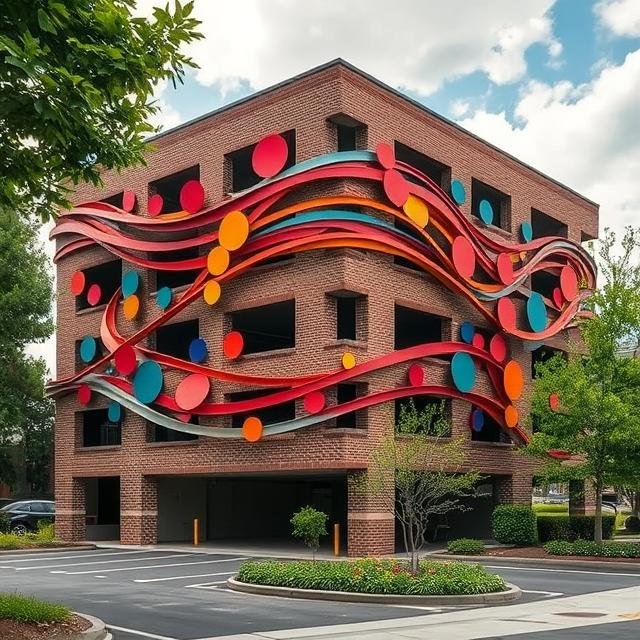 Large-scale architectural sculpture integrated into a commercial building façade, designed by Michael Herold to create identity, movement, and landmark visibility.
