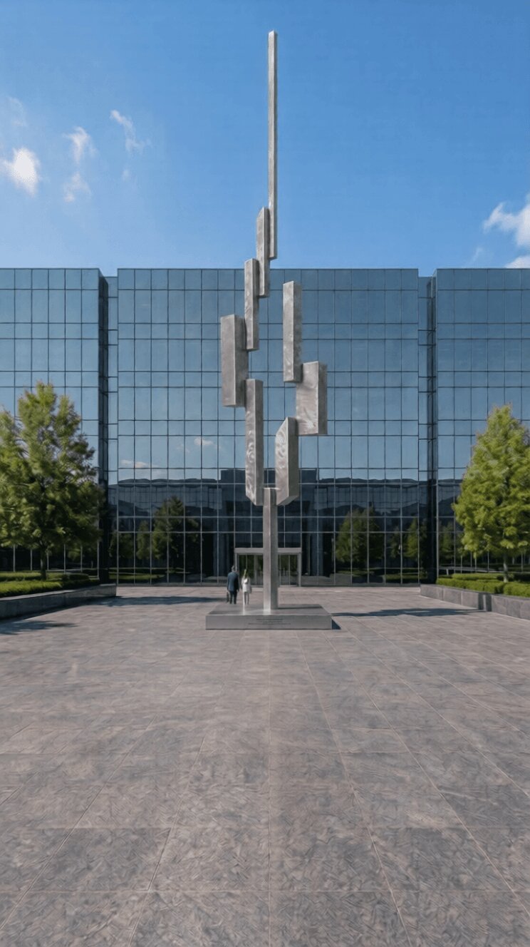 Cityscape large-scale stainless steel landmark sculpture by Michael Herold visualized at a corporate headquarters and campus entry plaza.
