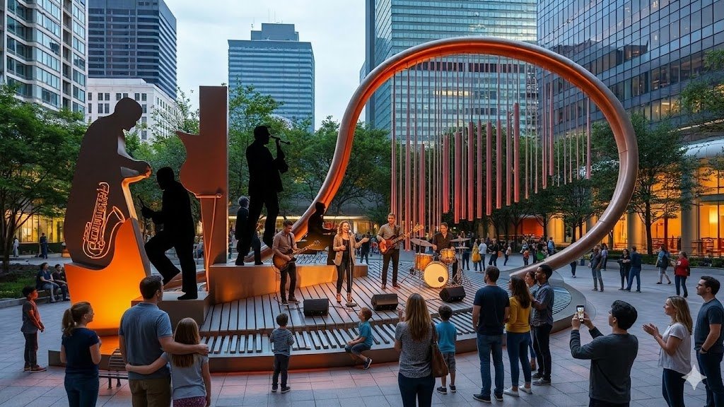 Large-scale musical performance sculpture in urban plaza with live band, audience gathering, and interactive public stage design by Michael Herold.