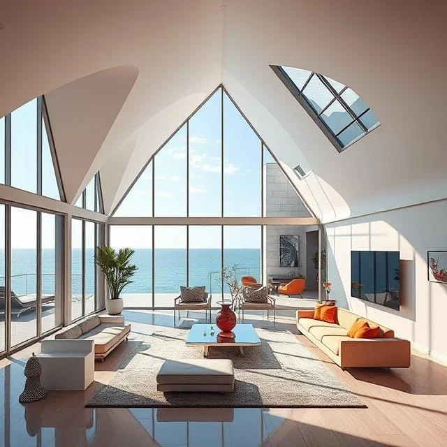 Sculptural luxury home interior featuring vaulted contemporary architecture, expansive oceanfront glass walls, and immersive modern coastal living design within a custom private estate by sculptor Michael Herold.
