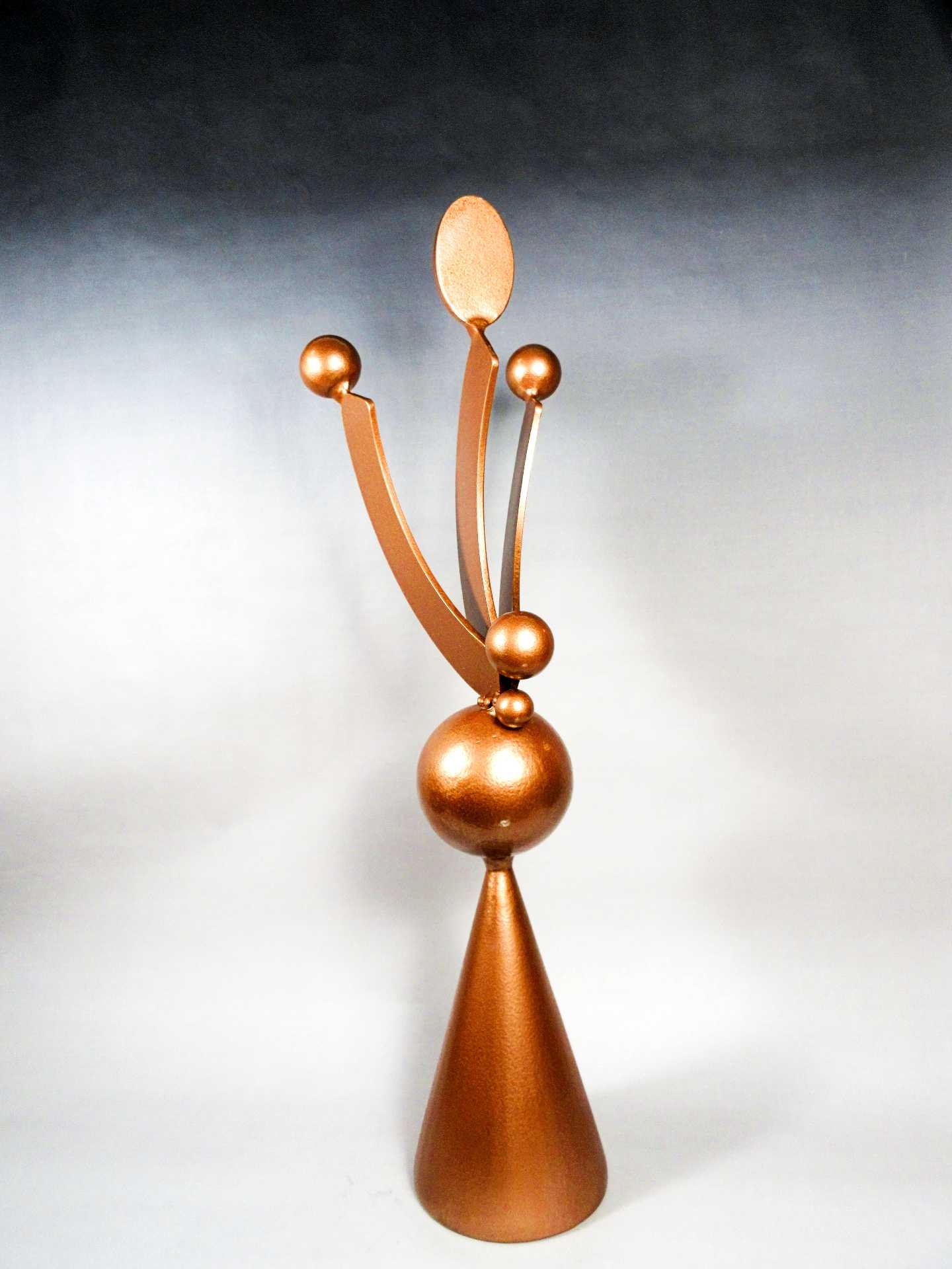 Metal sculpture from the Cone Series featuring a conical base, central sphere, and multiple upward curving elements ending in circular and oval forms.