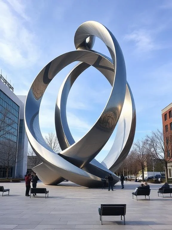Large-scale stainless steel landmark sculpture designed to create destination identity, pedestrian engagement, and architectural distinction within mixed-use developments and urban public spaces.