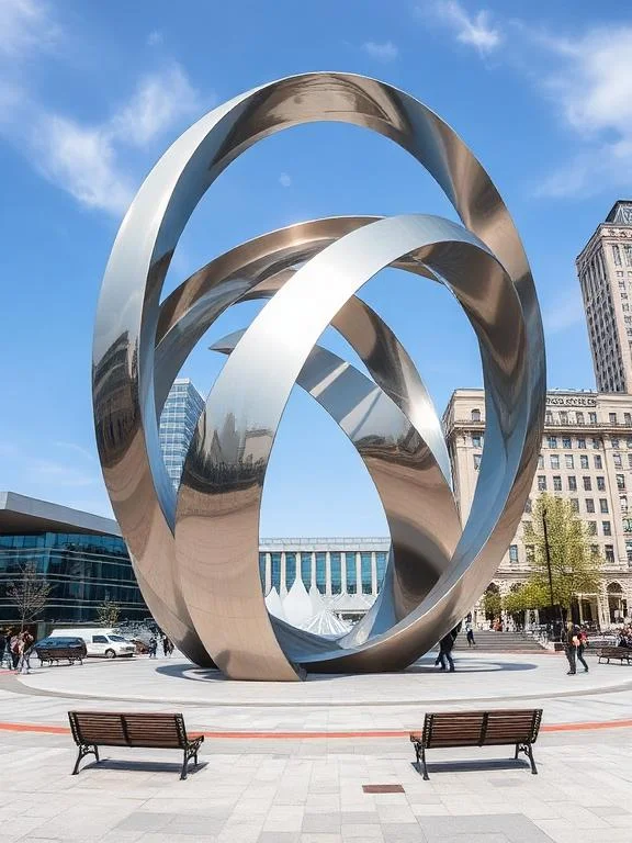 Large-scale stainless steel landmark sculpture designed to create destination identity, pedestrian engagement, and architectural distinction within mixed-use developments and urban public spaces.