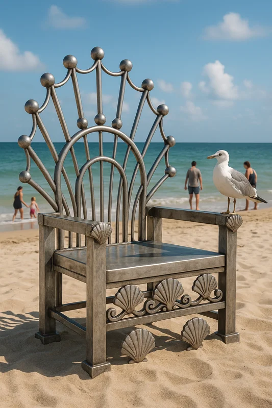 The Coral Throne™ sculpture positioned on a sandy beachfront as a destination landmark designed for waterfront tourism, public interaction, photography, and luxury hospitality environments.
