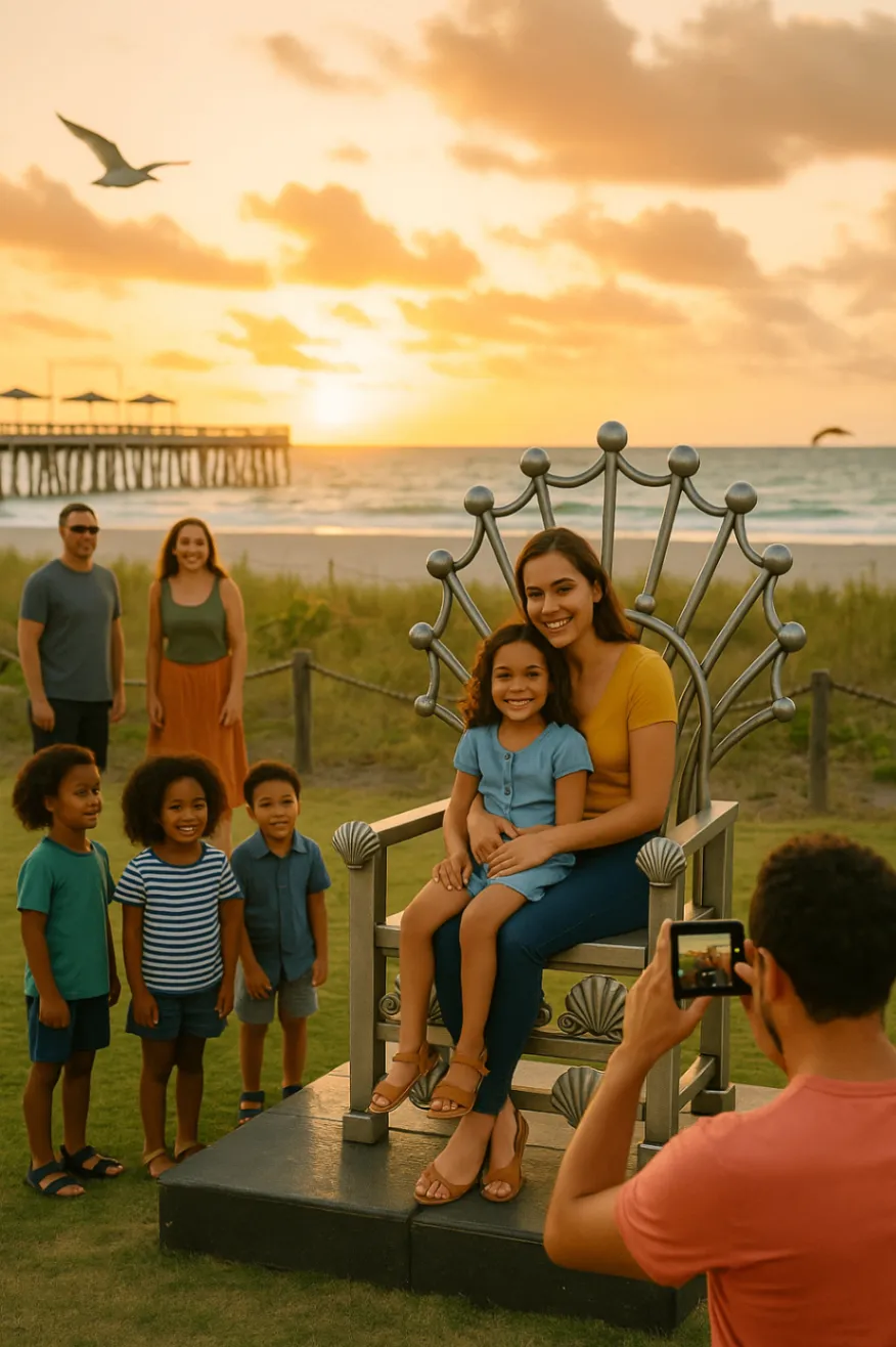 The Coral Throne™ sculpture positioned on a sandy beachfront as a destination landmark designed for waterfront tourism, public interaction, photography, and luxury hospitality environments.