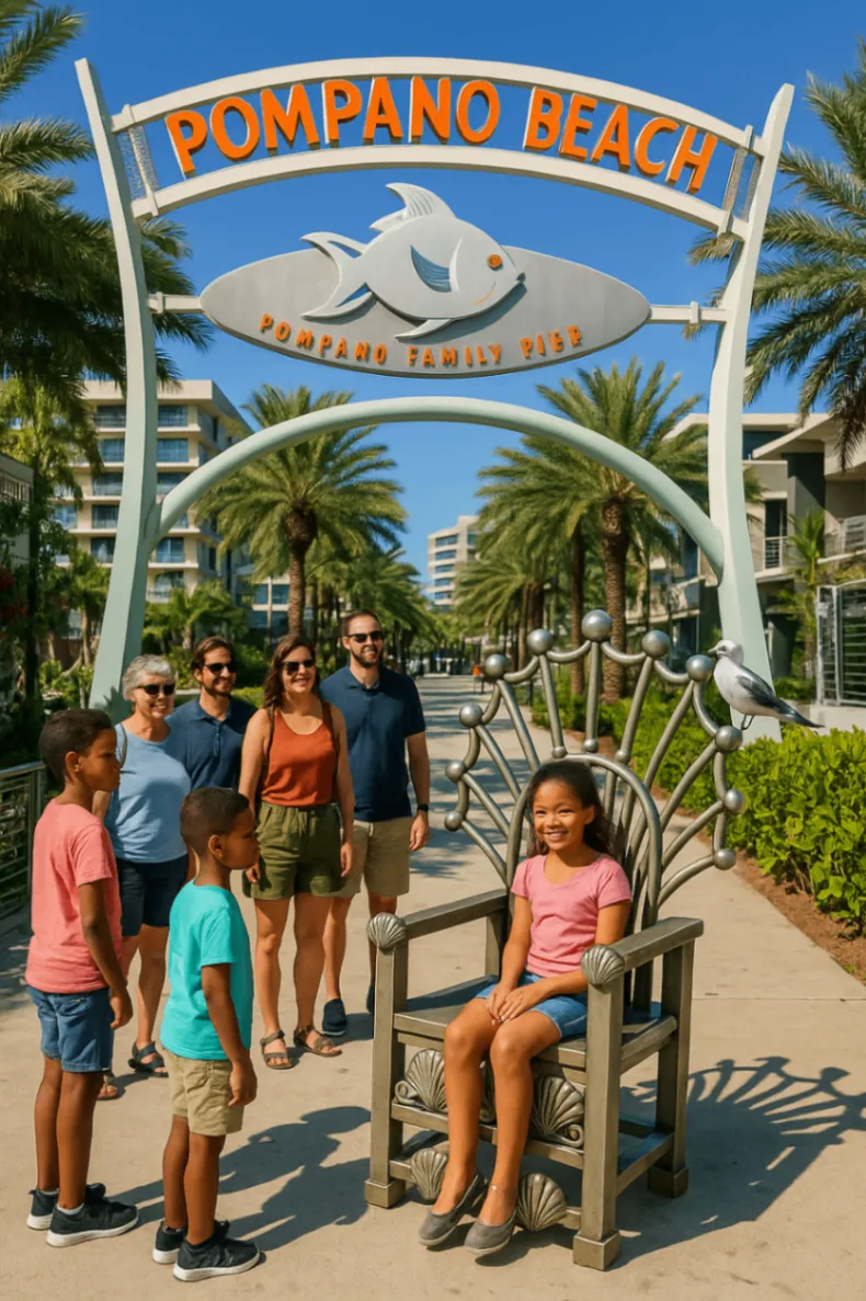 The Coral Throne™ sculpture positioned on a sandy beachfront as a destination landmark designed for waterfront tourism, public interaction, photography, and luxury hospitality environments.