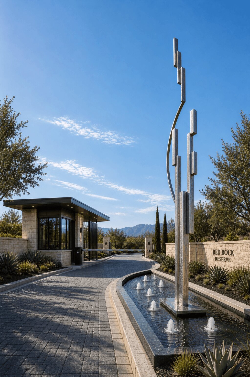 Floating Trinity large-scale stainless steel landmark sculpture by Michael Herold visualized at a luxury gated entry and private development.