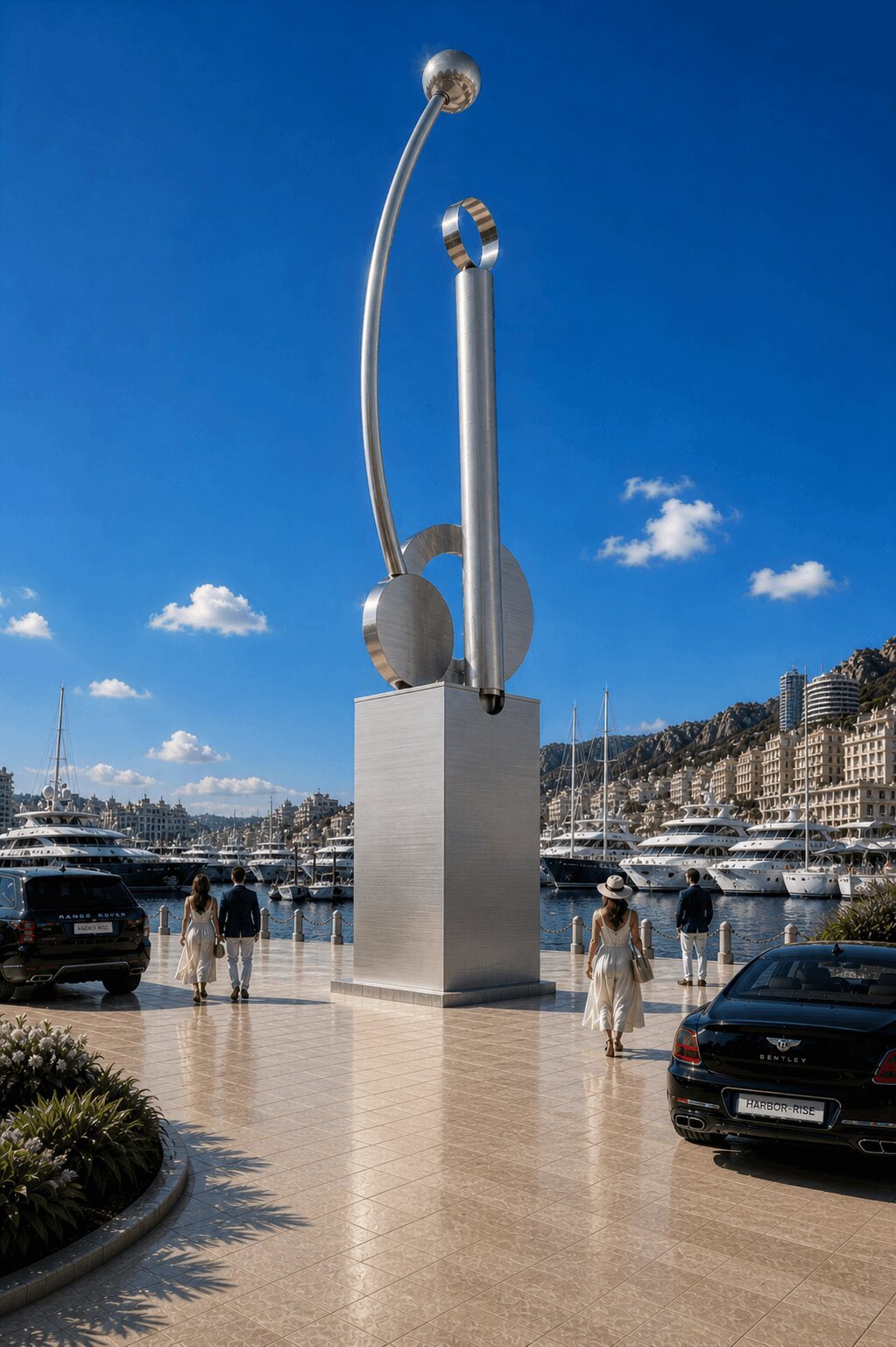 Large-scale waterfront landmark sculpture concept by Michael Herold installed within luxury marina and hospitality development setting.